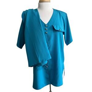 California Krush Vtg 2pc Set Ocean Blue Blouse Pants Lightweight Coastal Casual